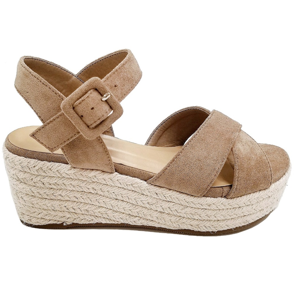 New Taupe Cross Straps Wedge Espadrille Sandals - Picture 2 of 3